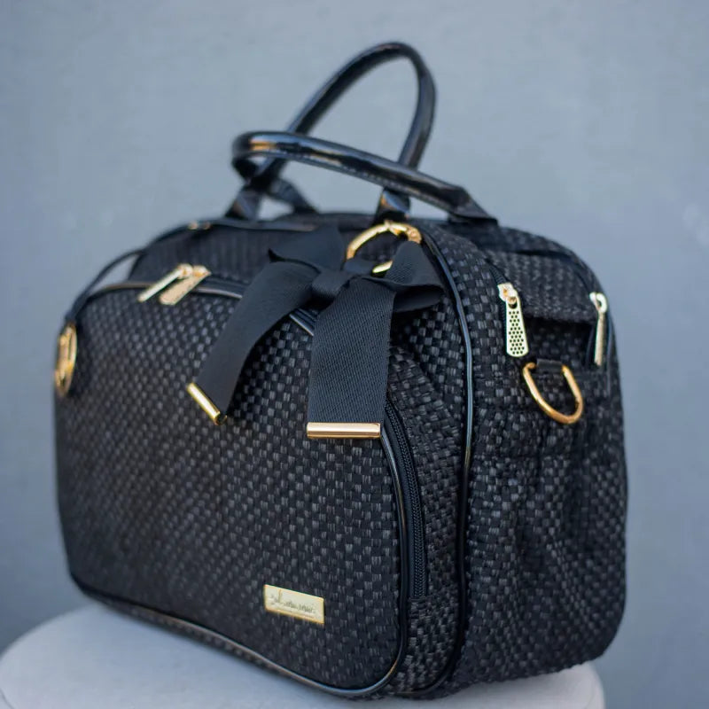 Bolsa da Mamãe - Palha Preta com Detalhes em Couro Verniz