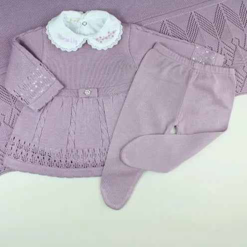 Saída De Maternidade Feminina Bebê Tricô 7 Peças Helena - ACOMPANHA MACACÃO PERSONALIZADO                                                                        Lilás