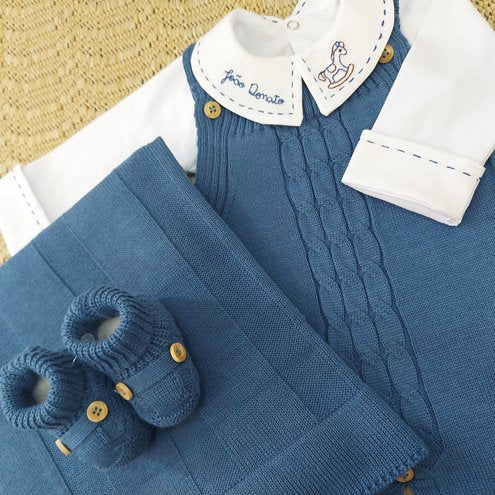 Saída De Maternidade Masculina Bebê Tricô Caio 7 Peças - ACOMPANHA BODY PERSONALIZADO À MÃO                                                                        Azul Jeans
